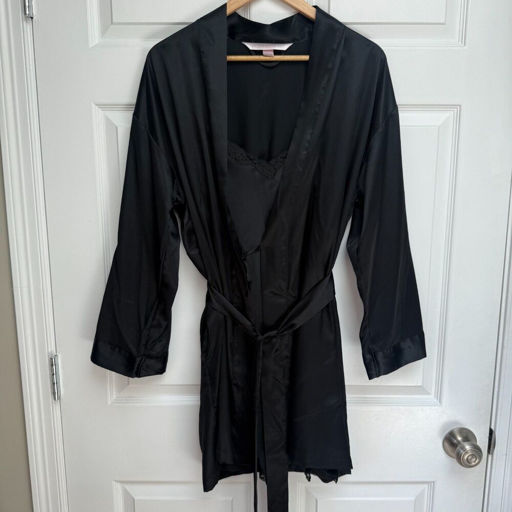 Victoria's Secret Black Satin Robe Size OS & Lace Slip Dress Size L Vintage Y2K
